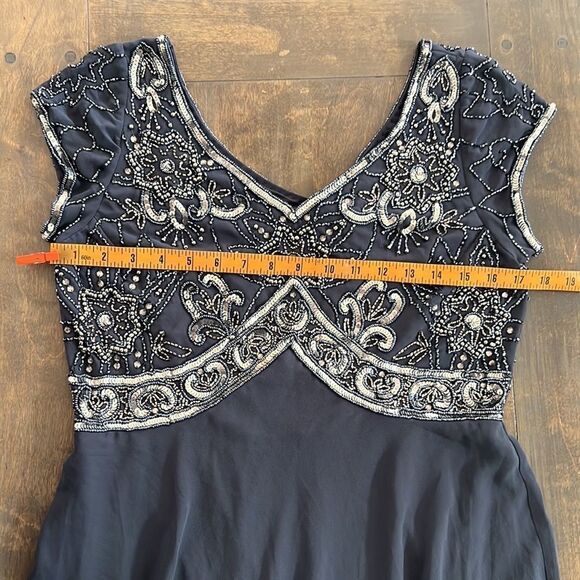 NWT J Kara V-Neck Beaded Cap Sleeve V Neck Maxi Evening Sheath beaded grey Dress - Picture 2 of 8